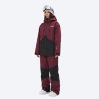 
                  
                    Breathable ski jacket and snow pants combo - wine and black colorblock, on-model front view, for skiing and snowboarding
                  
                