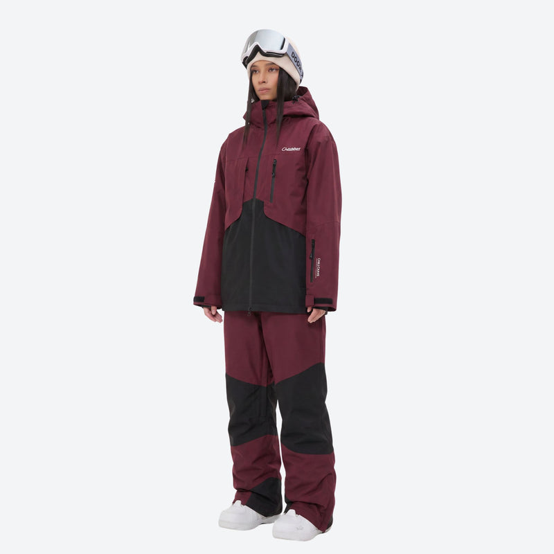 Breathable ski jacket and snow pants combo - wine and black colorblock, on-model front view, for skiing and snowboarding
