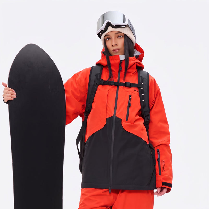 Waterproof snow jacket and pants set - orange and black colorblock, for cold-weather winter sports