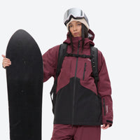 
                  
                    Breathable ski jacket and snow pants combo - wine and black colorblock, for powder and piste riding
                  
                