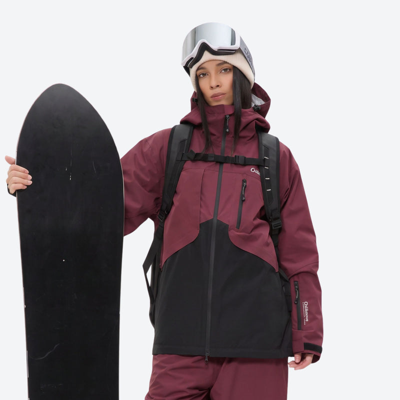 Breathable ski jacket and snow pants combo - wine and black colorblock, for powder and piste riding