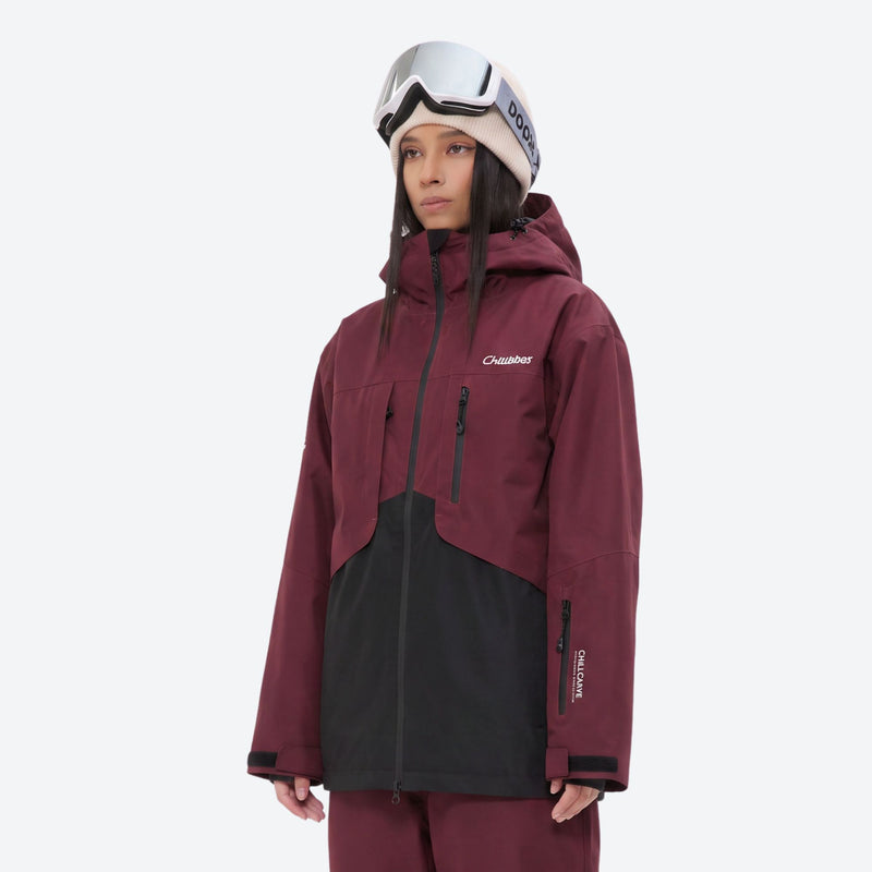 Colorblock snowboard jacket and pants set - wine and black colorblock, on-model front view, for cold-weather winter sports