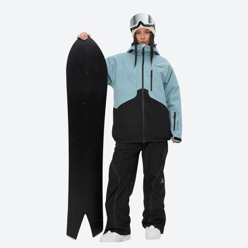 Colorblock ski jacket and pants set - women's dusty blue and black colorblock, for all-mountain and backcountry days
