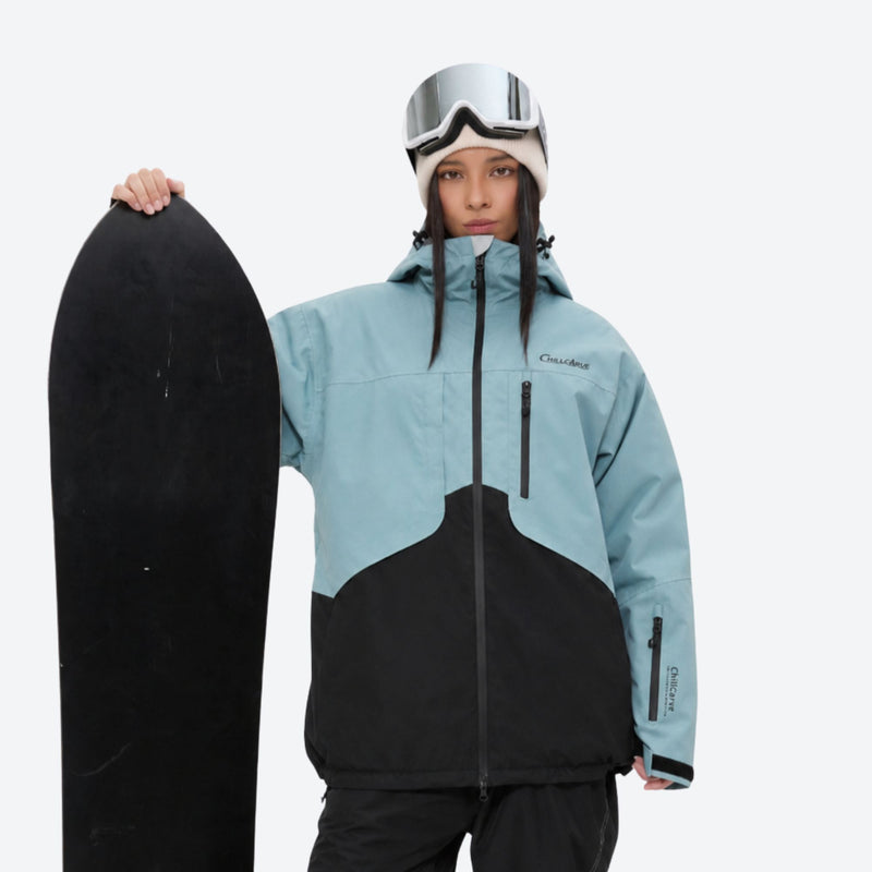 Waterproof 2L snow jacket and pants set - women's dusty blue and black colorblock, for skiing and snowboarding