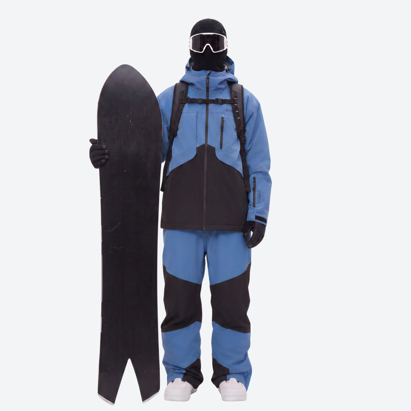 Men's waterproof 2L snow jacket and pants set - blue and black colorblock, for skiing and snowboarding