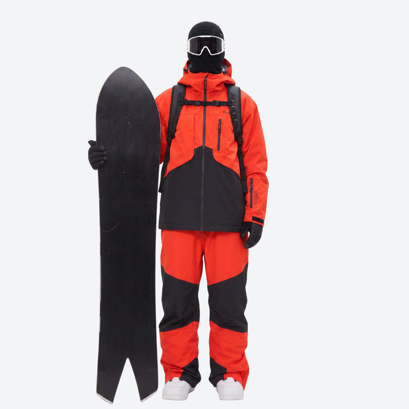 Men's breathable ski jacket and pants combo - orange and black colorblock, for resort and backcountry days