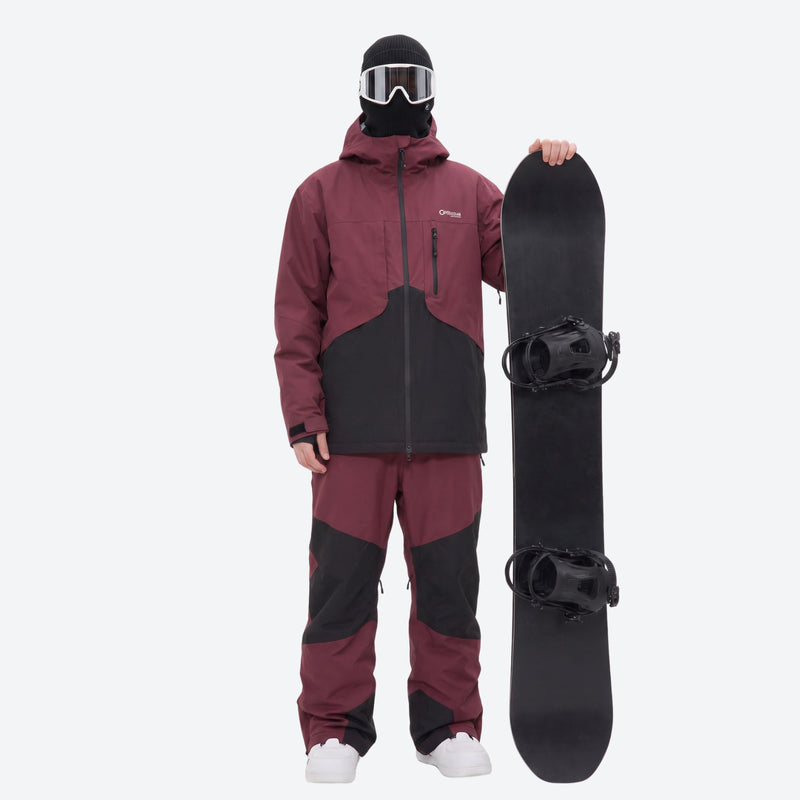Men's breathable ski jacket and pants combo - wine and black colorblock, for powder and piste riding