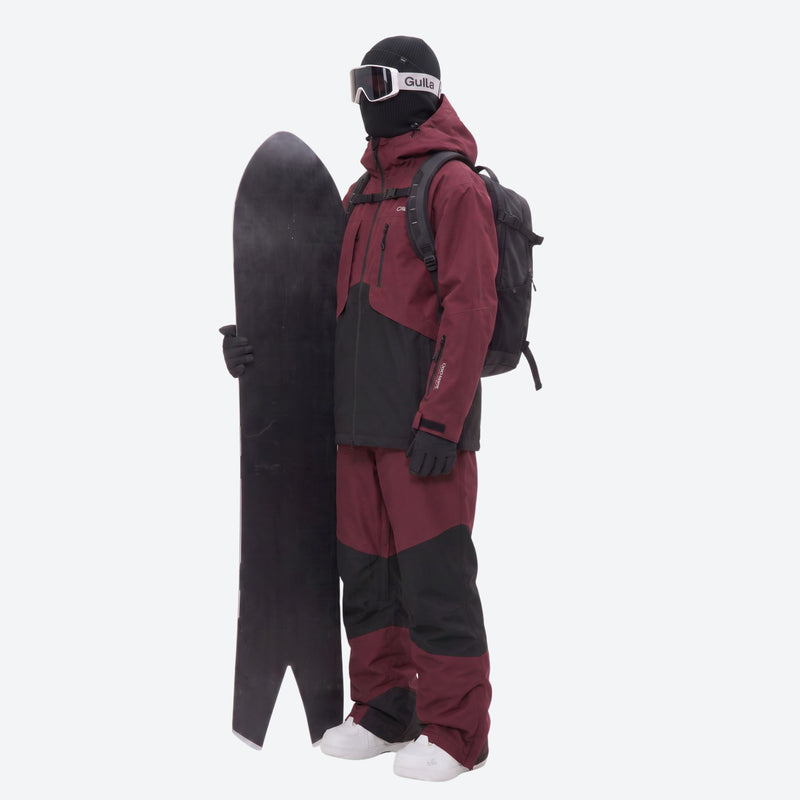 Men's colorblock snowboard jacket and pants - wine and black colorblock, for cold-weather winter sports