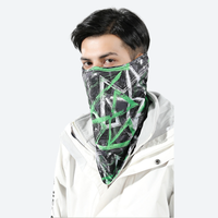 
                  
                    Graphic print ski facemask neck gaiter - green print facemask neckwarmer on men, worn front view, for skiing and snowboarding
                  
                