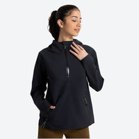 
                  
                    Women's waterproof hooded anorak jacket - black hooded anorak, front view with hand at chest, for resort and street wear
                  
                