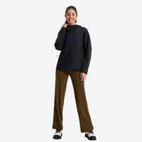
                  
                    Women's breathable half-zip pullover rain jacket - black hooded anorak with brown pants, for cold-weather outdoor wear
                  
                