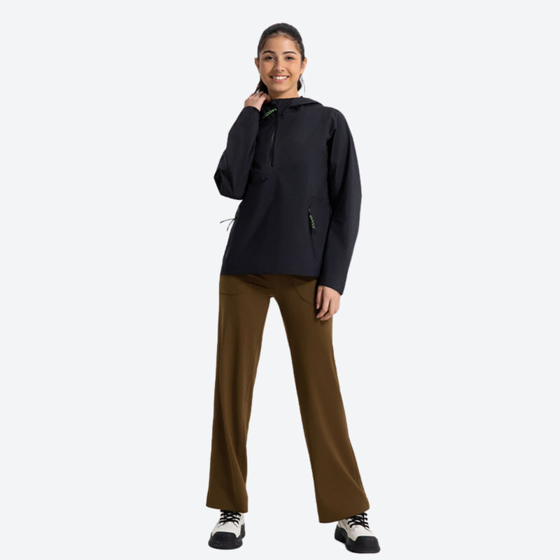 Women's breathable half-zip pullover rain jacket - black hooded anorak with brown pants, for cold-weather outdoor wear