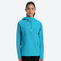 
                  
                    Women's breathable half-zip pullover rain jacket - turquoise hooded anorak, on-model front view, for resort and street wear
                  
                