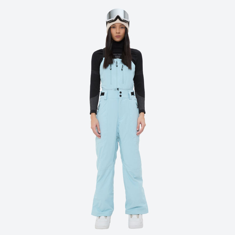 Breathable 3-layer ski bibs with cross-back straps - ice blue bib pants with black top, for powder and piste riding