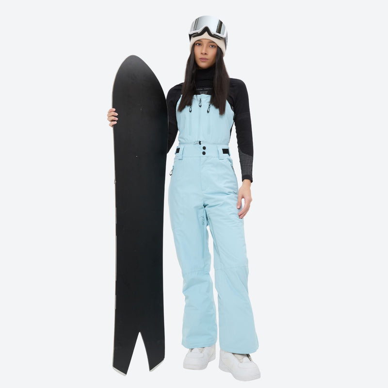 Unisex snowboard bib pants with snow gaiters - ice blue bib pants with black top, for powder and piste riding