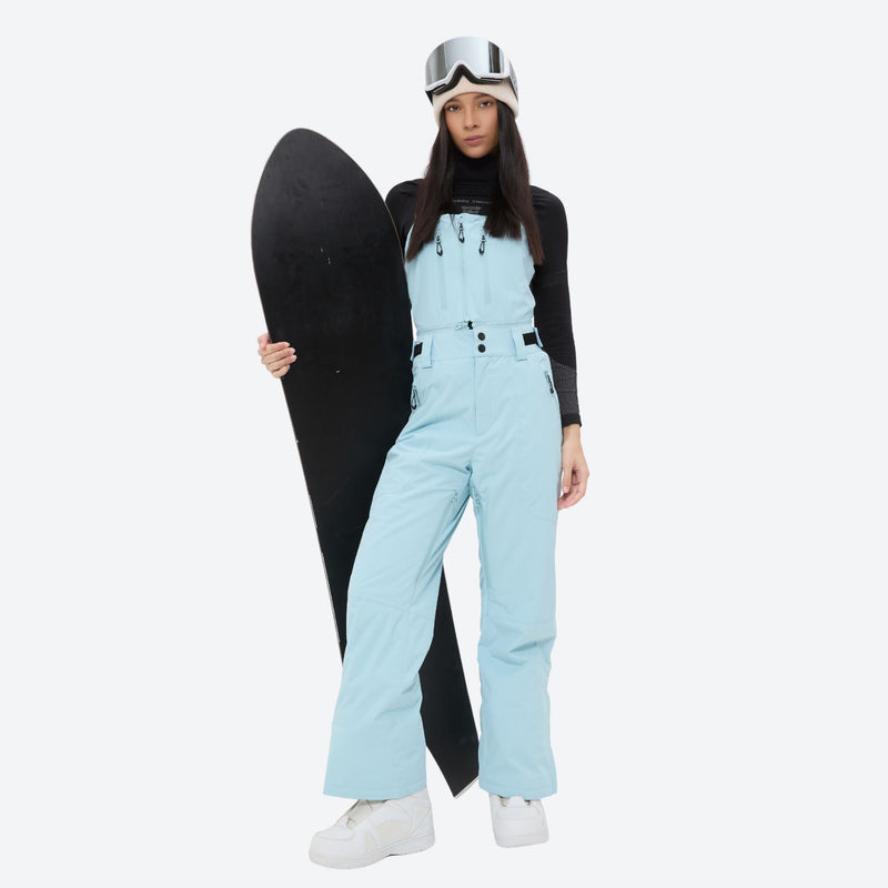 Unisex waterproof 3L snow bib pants - ice blue bib pants with black top, for cold-weather winter sports