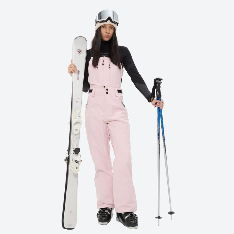 Unisex waterproof 3L snow bib pants - pink bib pants with black top, for cold-weather winter sports