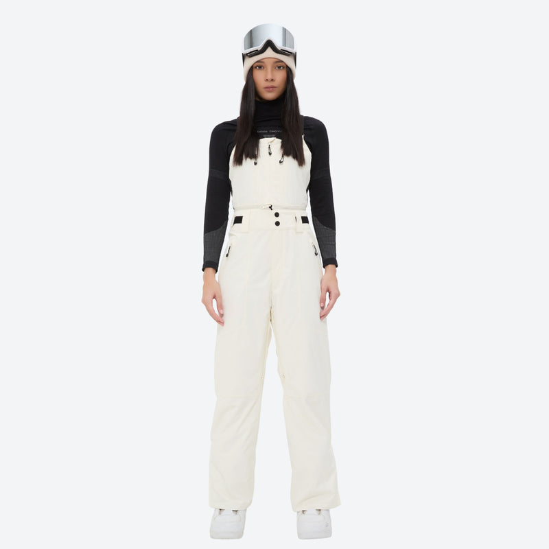 Unisex waterproof 3L snow bib pants - white bib pants with black top, on-model front view, for resort and backcountry days