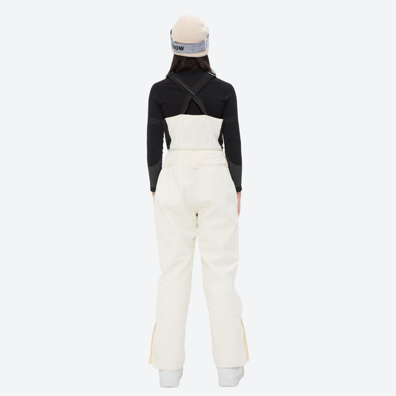 Unisex waterproof 3L snow bib pants - white bib pants with black top, on-model back view, for resort and backcountry days