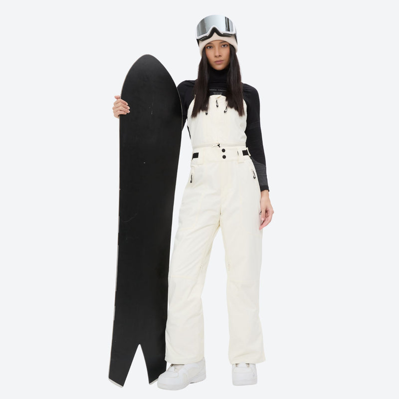 Unisex snowboard bib pants with snow gaiters - white bib pants with black top, for resort and backcountry days