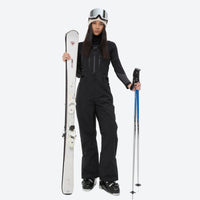 
                  
                    Unisex snowboard bib pants with snow gaiters - black bib pants with black top, for cold-weather winter sports
                  
                
