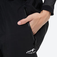 
                  
                    Unisex waterproof 3L snow bib pants - black, side pocket close-up with hand, for cold-weather winter sports
                  
                