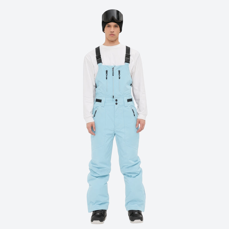 Men's waterproof 3L bib snow pants - ice blue bib snow pants with white top, for cold-weather winter sports