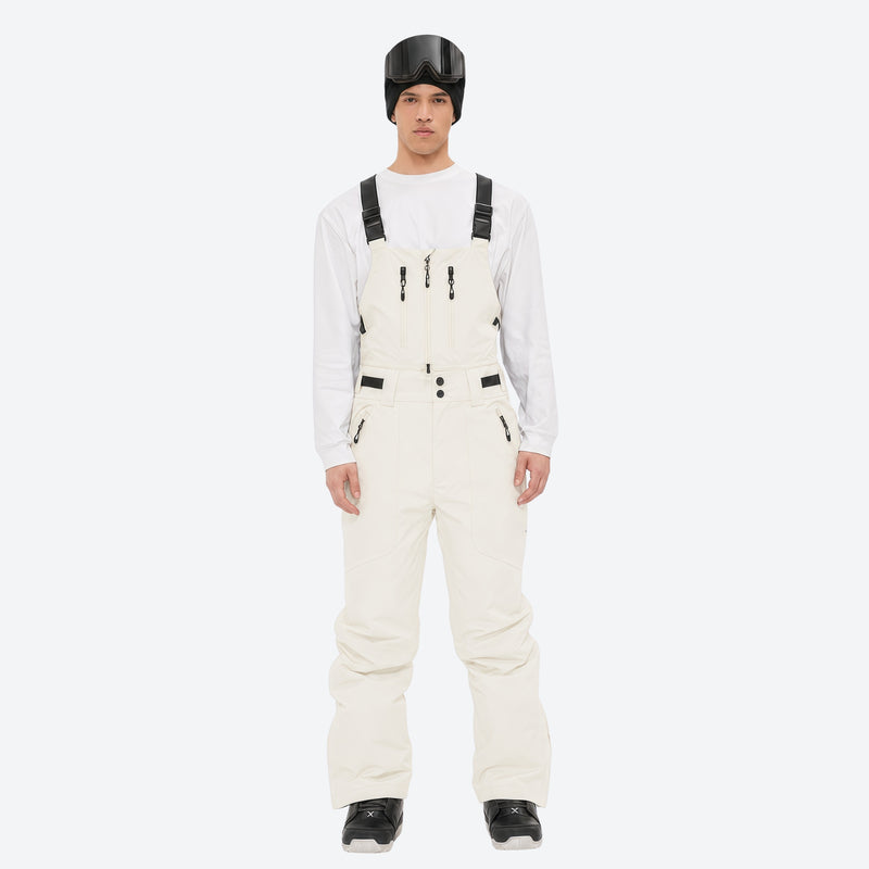 Men's breathable 3-layer suspender ski pants with pockets - white bib snow pants with white top, for skiing and snowboarding