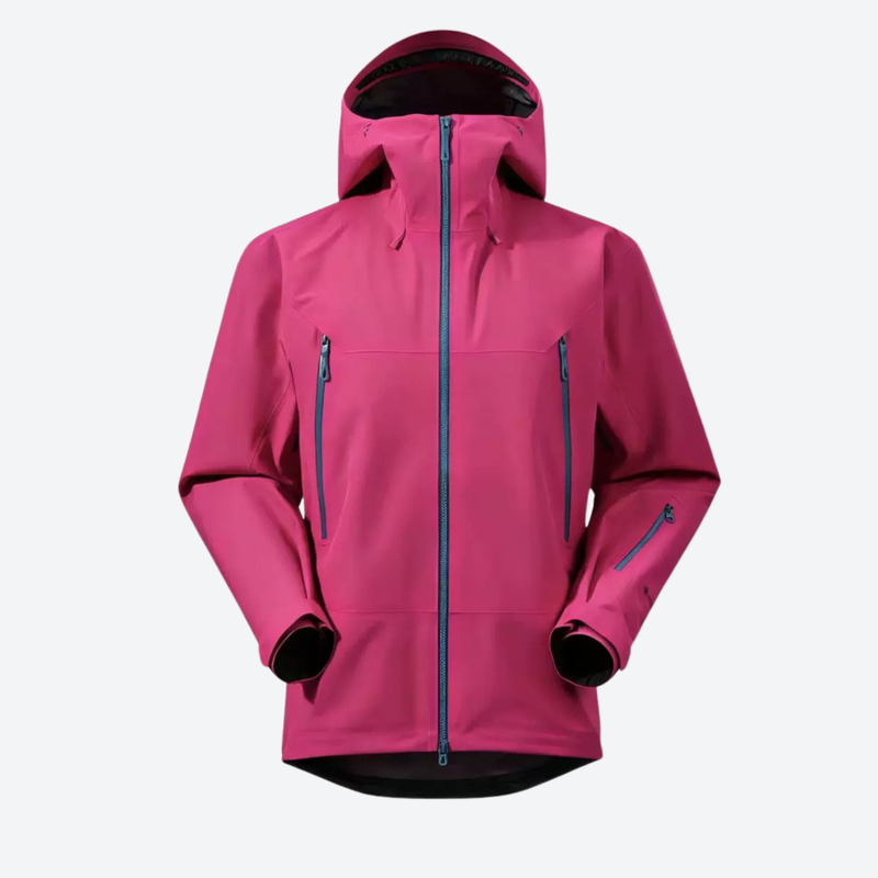 Men's waterproof mountain shell with slash pockets - pink hardshell jacket, for resort and backcountry days