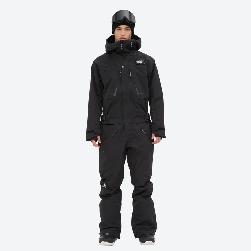 Men's waterproof 3L one-piece snow suit - black one-piece snow suit, on-model front view, for powder and piste riding