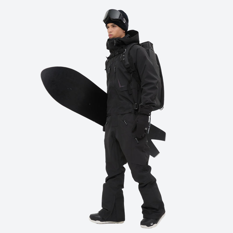 Men's one-piece snowboard suit with waist belt - black one-piece snow suit, for powder and piste riding