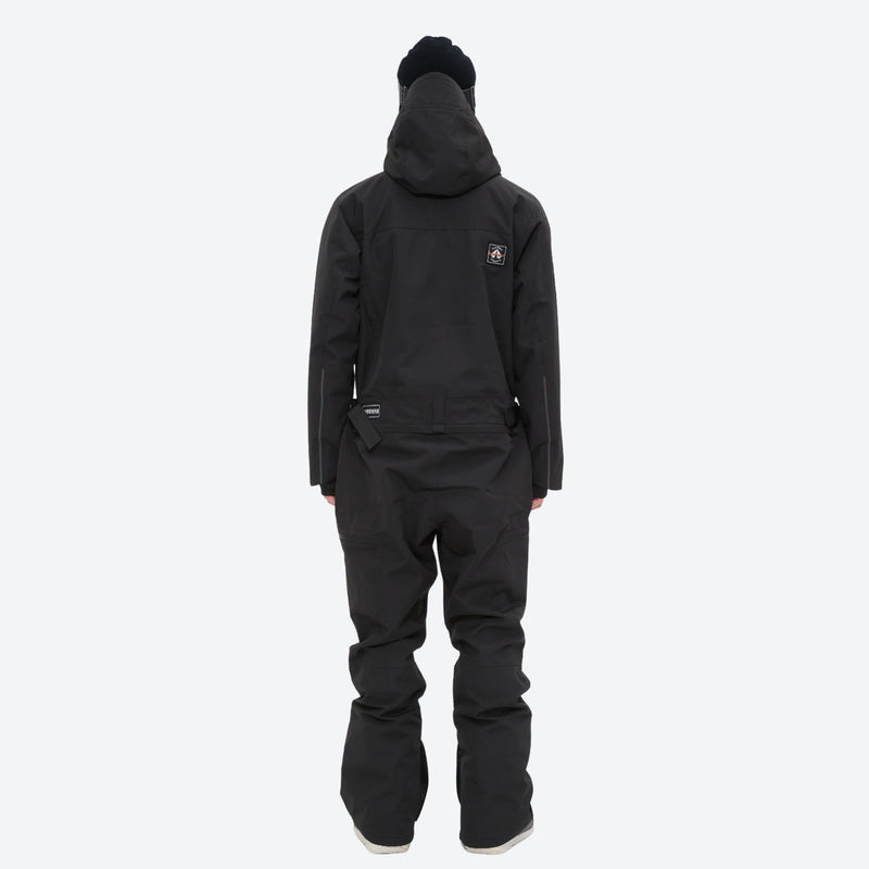 Men's waterproof 3L one-piece snow suit - black one-piece snow suit, on-model back view, for resort and backcountry days