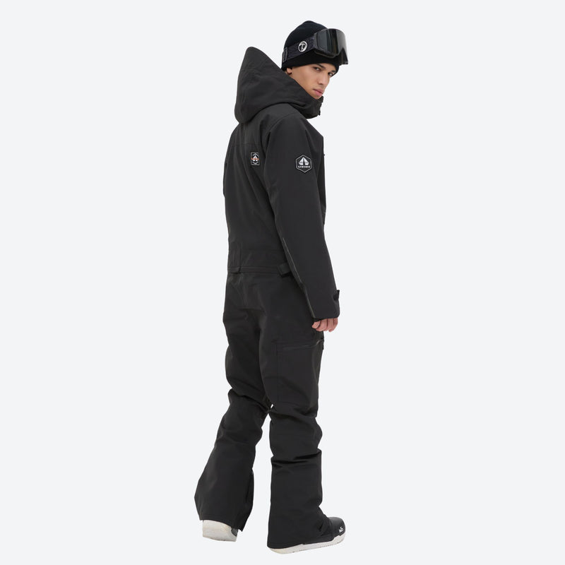 Men's one-piece snowboard suit with waist belt - black one-piece snow suit, for cold-weather winter sports