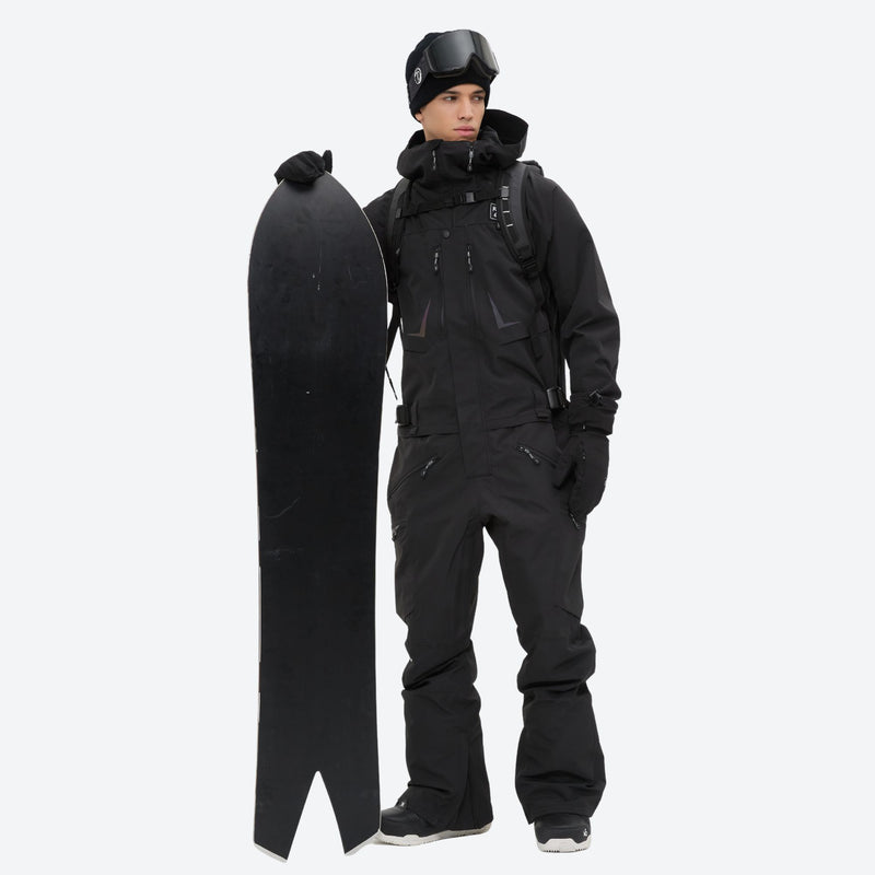 Men's breathable 3-layer jumpsuit ski suit - black one-piece snow suit, for resort and backcountry days
