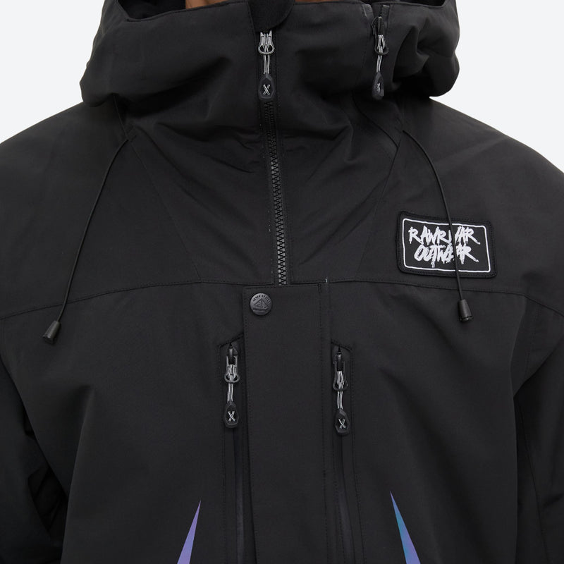 Unisex waterproof one-piece snow suit - black one-piece suit, chest zip close-up detail, for skiing and snowboarding
