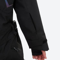 
                  
                    Breathable full-body ski suit with waist belt - black one-piece suit, cuff close-up with hand, for powder and piste riding
                  
                