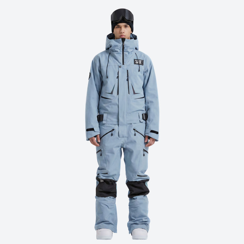 Men's one-piece snowboard suit with waist belt - ice blue one-piece snow suit, for resort and backcountry days