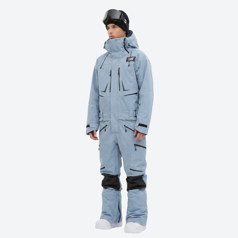 Men's waterproof 3L one-piece snow suit - ice blue one-piece snow suit, on-model front view, for resort and backcountry days