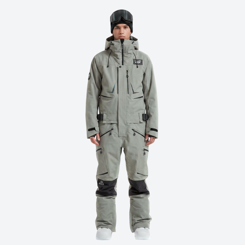 Men's breathable 3-layer jumpsuit ski suit - sage green one-piece snow suit, on-model front view, for skiing and snowboarding