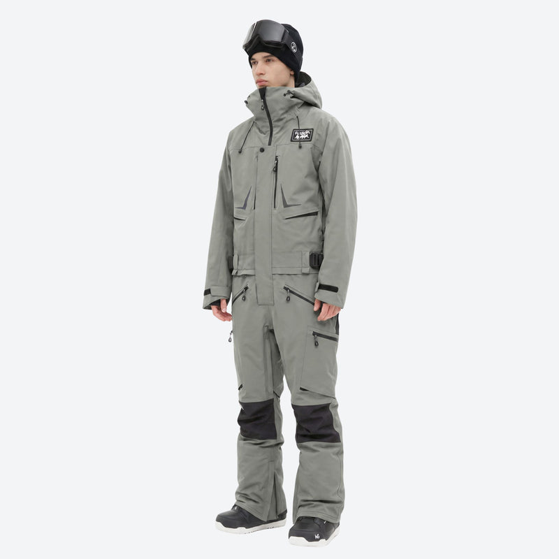 Men's breathable 3-layer jumpsuit ski suit - sage green one-piece snow suit, for powder and piste riding