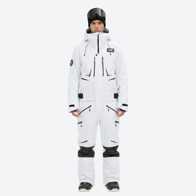 Men's breathable 3-layer jumpsuit ski suit - white one-piece snow suit, on-model front view, for cold-weather winter sports