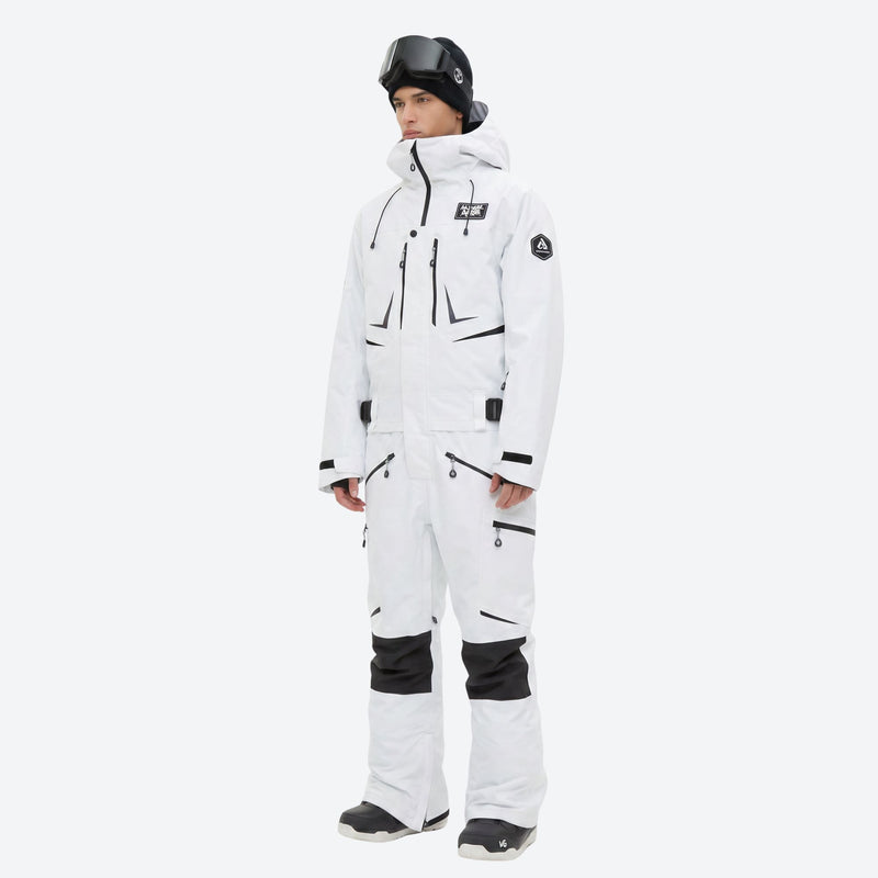 Men's one-piece snowboard suit with waist belt - white one-piece snow suit, for skiing and snowboarding