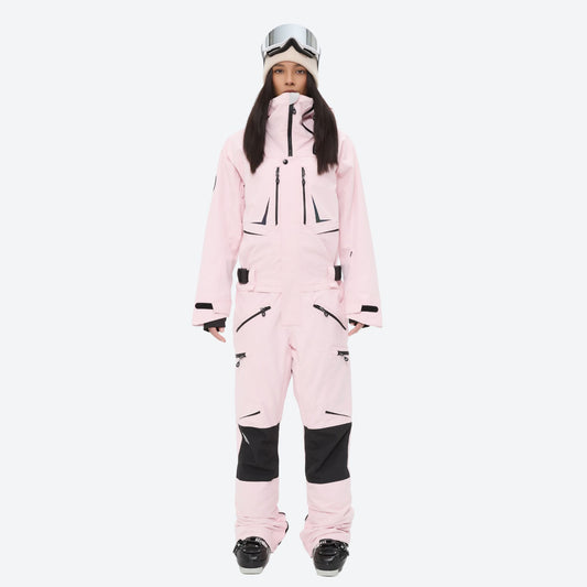 Breathable full-body ski suit with waist belt - pink one-piece suit, for resort and backcountry days