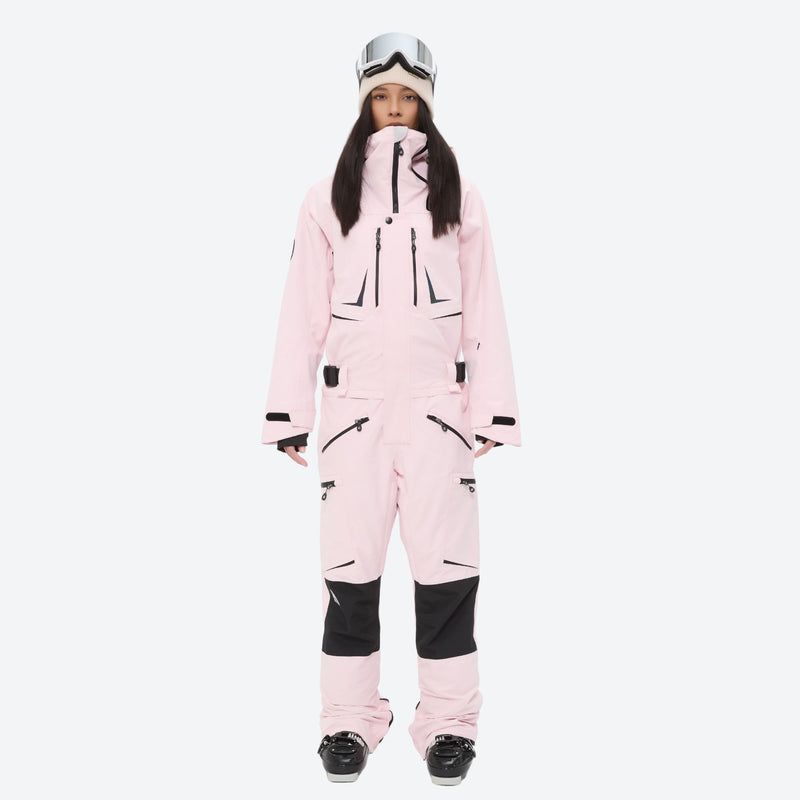 Breathable full-body ski suit with waist belt - pink one-piece suit, for resort and backcountry days