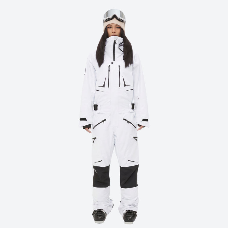 Breathable full-body ski suit with waist belt - white one-piece suit, for cold-weather winter sports