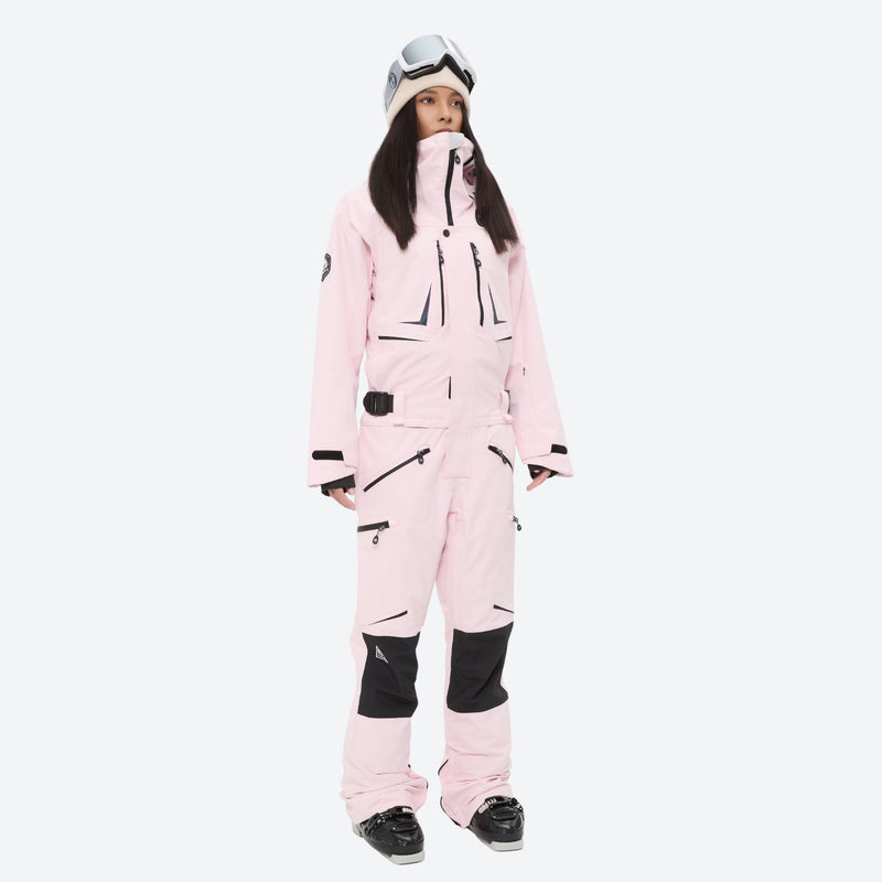 One-piece snowboard suit with knee reinforcement - pink one-piece suit, for resort and backcountry days