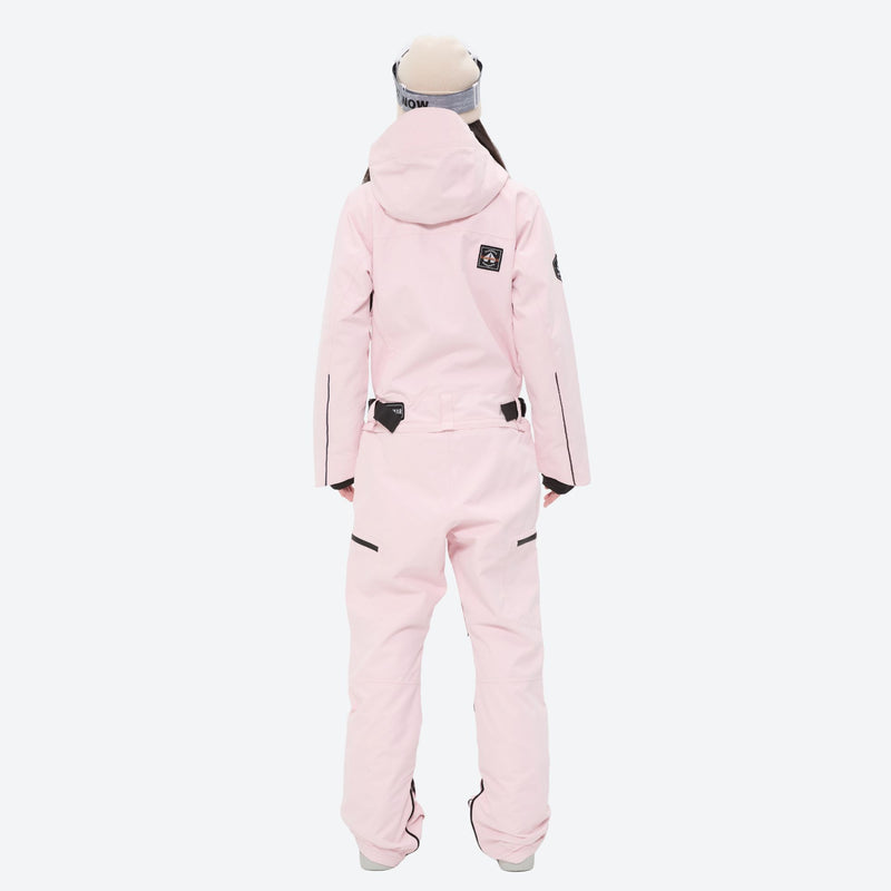 Breathable full-body ski suit with waist belt - pink one-piece suit, on-model back view, for cold-weather winter sports