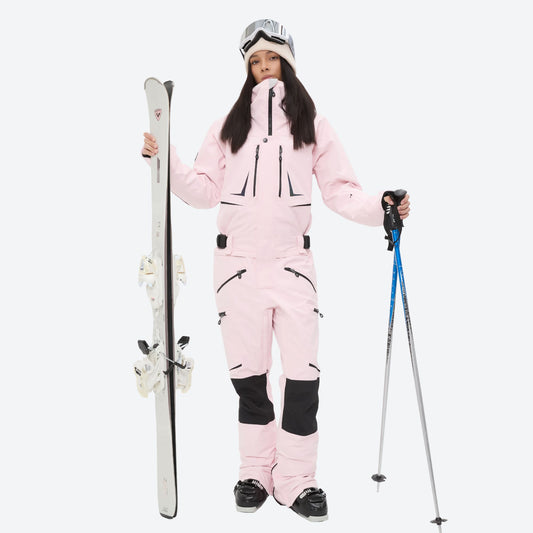 One-piece snowboard suit with knee reinforcement - pink one-piece suit, for powder and piste riding