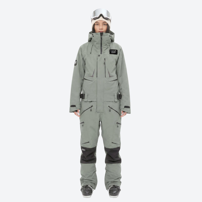 One-piece snowboard suit with knee reinforcement - sage green one-piece suit, for resort and backcountry days