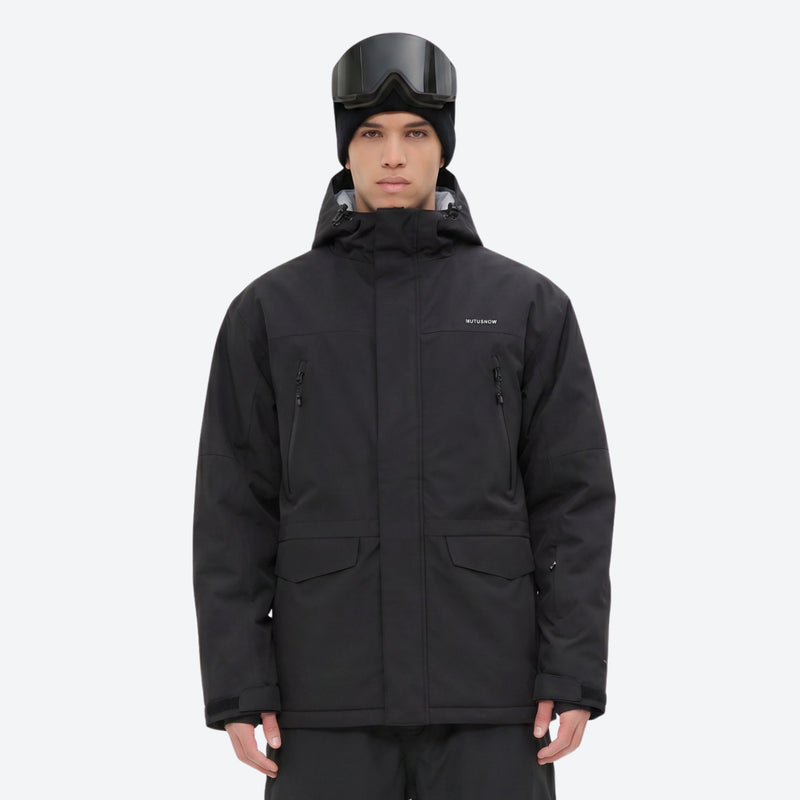 Men's quilted lining breathable ski jacket set - black jacket with black pants, for skiing and snowboarding